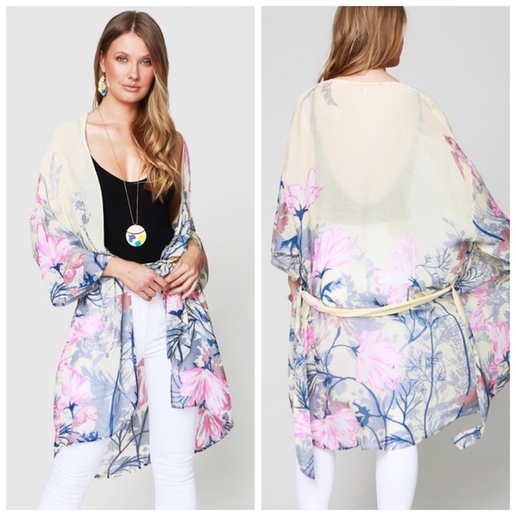Sweaters - Floral Kimono with Belt